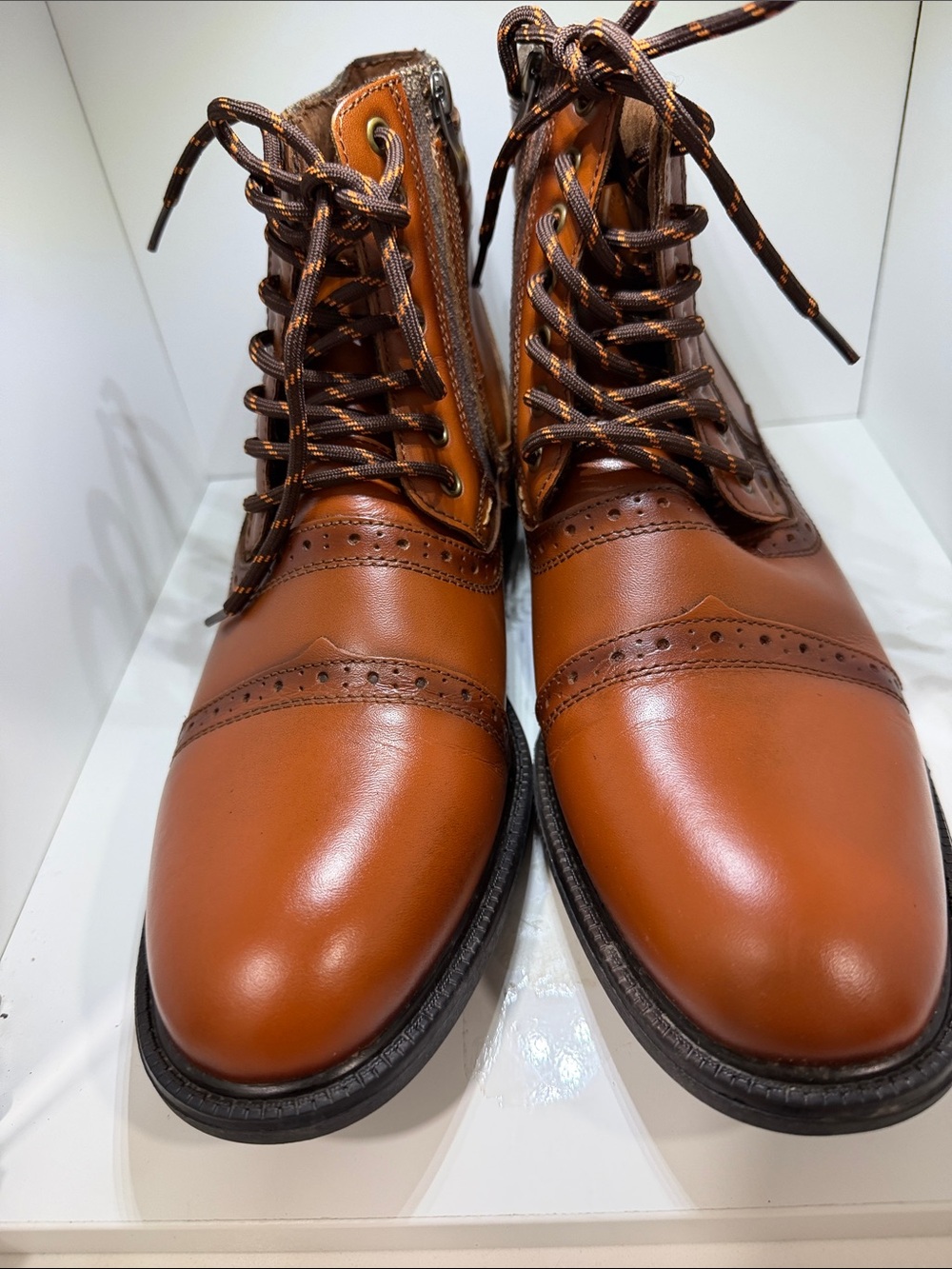 Source Unknown Men's Tan Leather Wingtip Lace-Up Boots